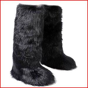 Womens Faux Fur Knee-High Winter Boots Warm Fluffy Snow Boots
